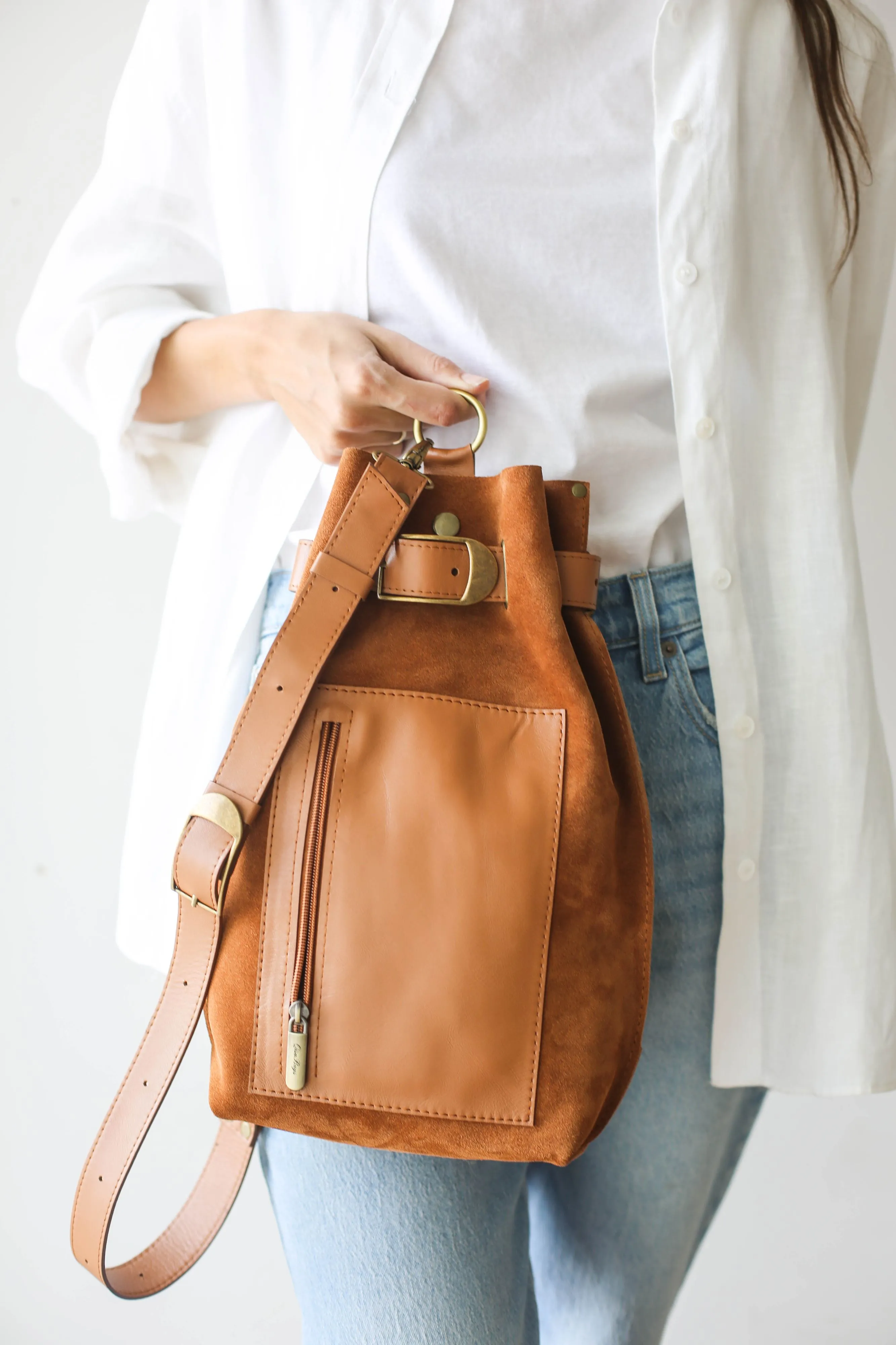 Brown Suede Sling Backpack