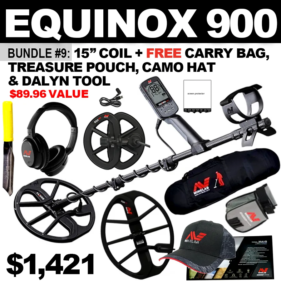 Bundle #9: Equinox 900 includes 6" DD Coil & WHP  15” Coil. FREE Carry Bag, Treasure Pouch, Camo Hat & Dalyn Digging Tool ($89.96 Value)