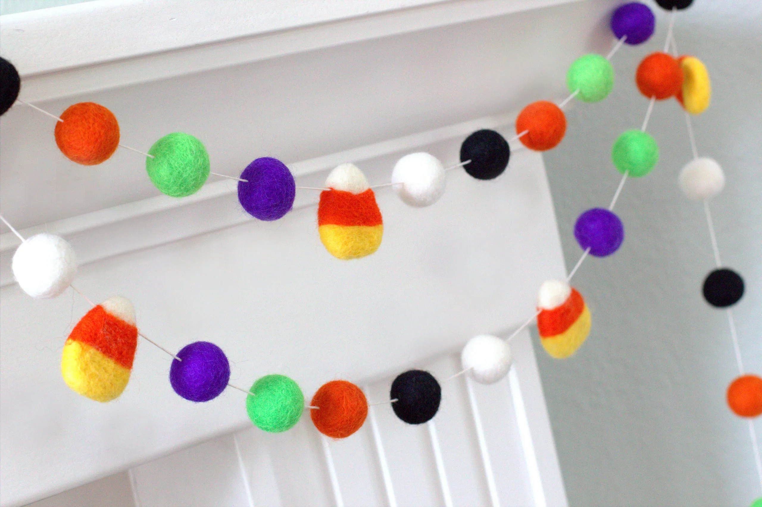 Candy Corn Felt Ball Garland- Orange Black Purple Green White