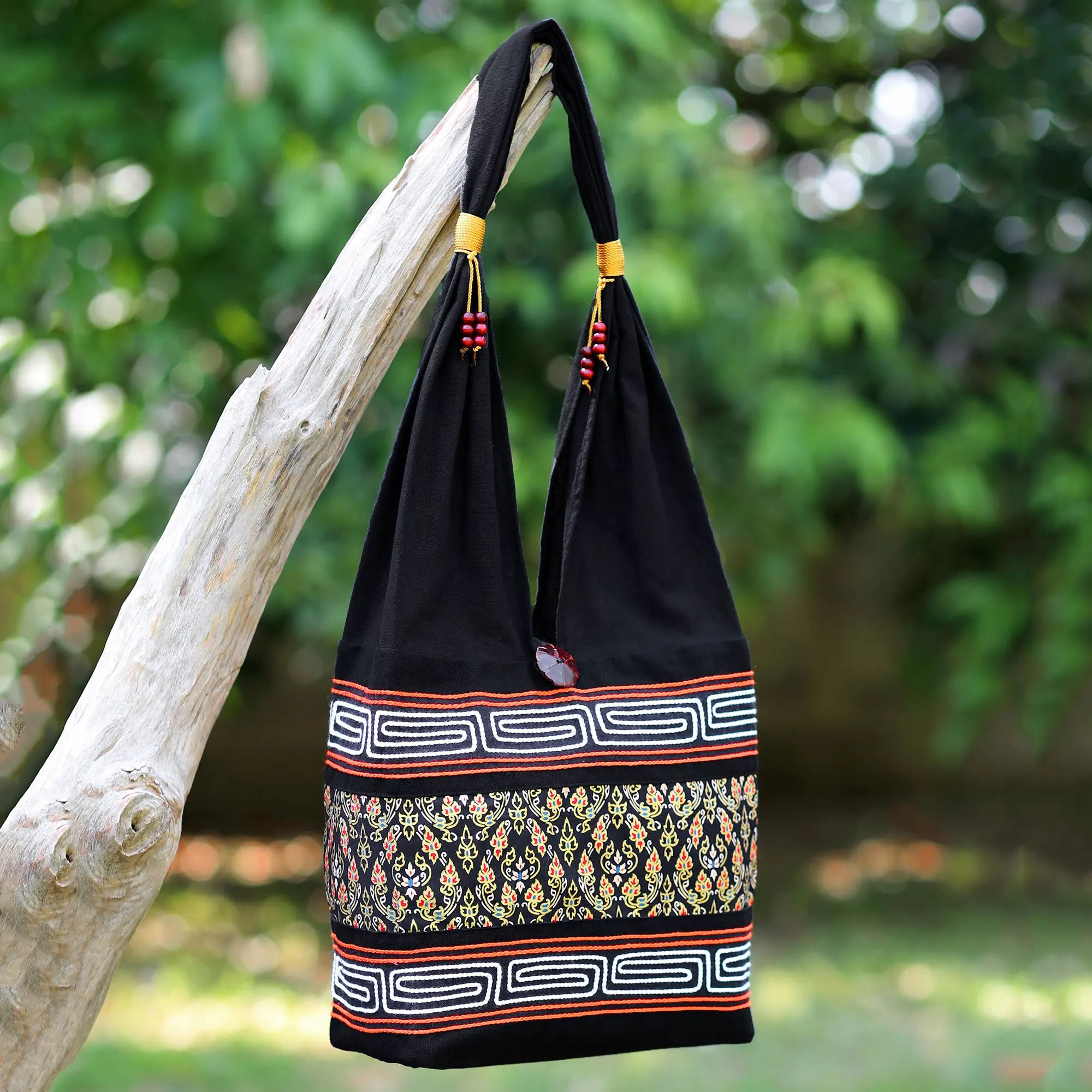 Charming Thai In Black Cotton Blend Shoulder Bag