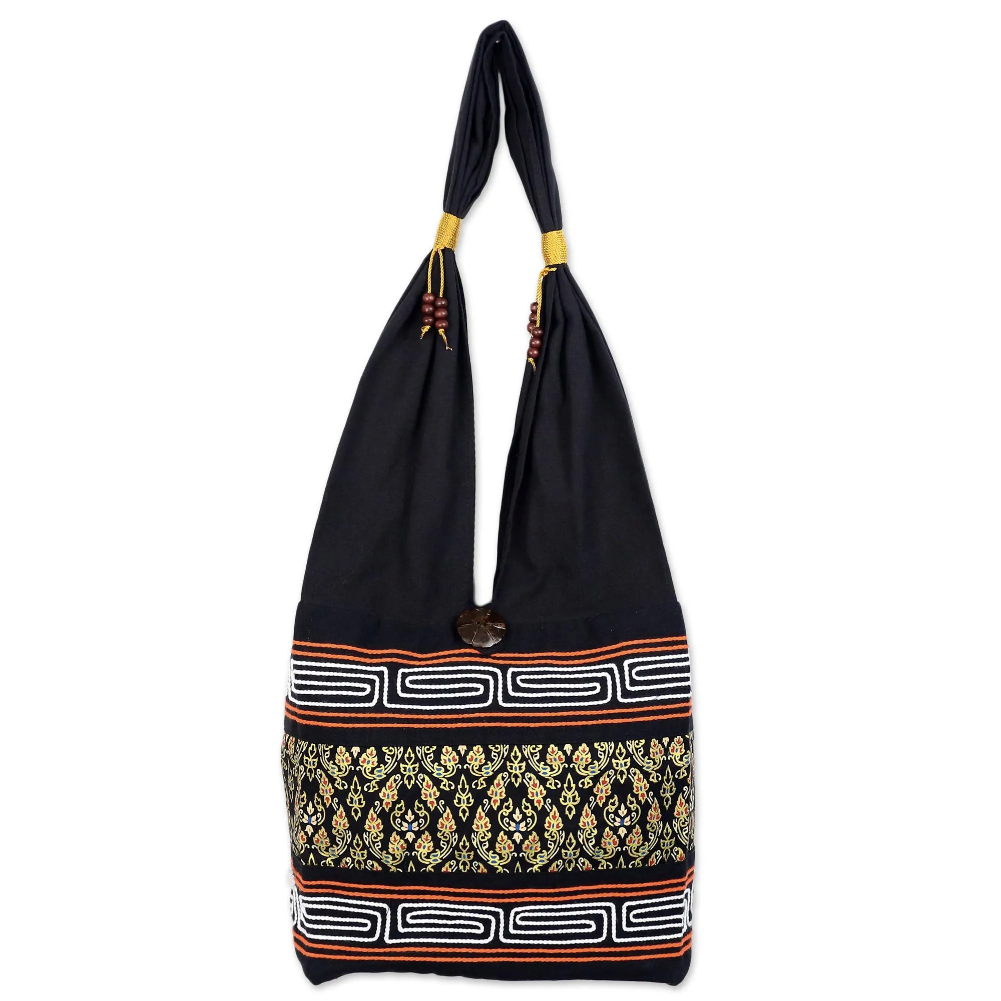 Charming Thai In Black Cotton Blend Shoulder Bag