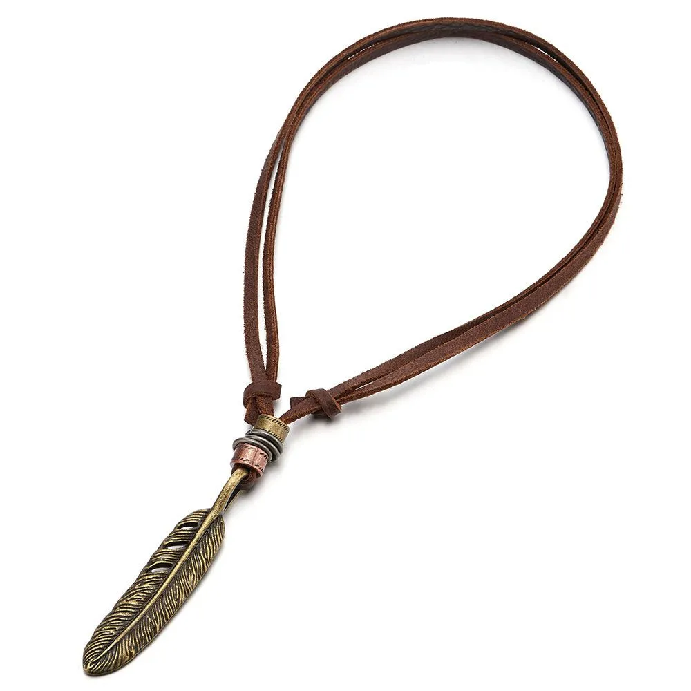 COOLSTEELANDBEYOND Retro Style Feather Pendant Unisex Necklace for Mens Womens with Adjustable Leather Cord