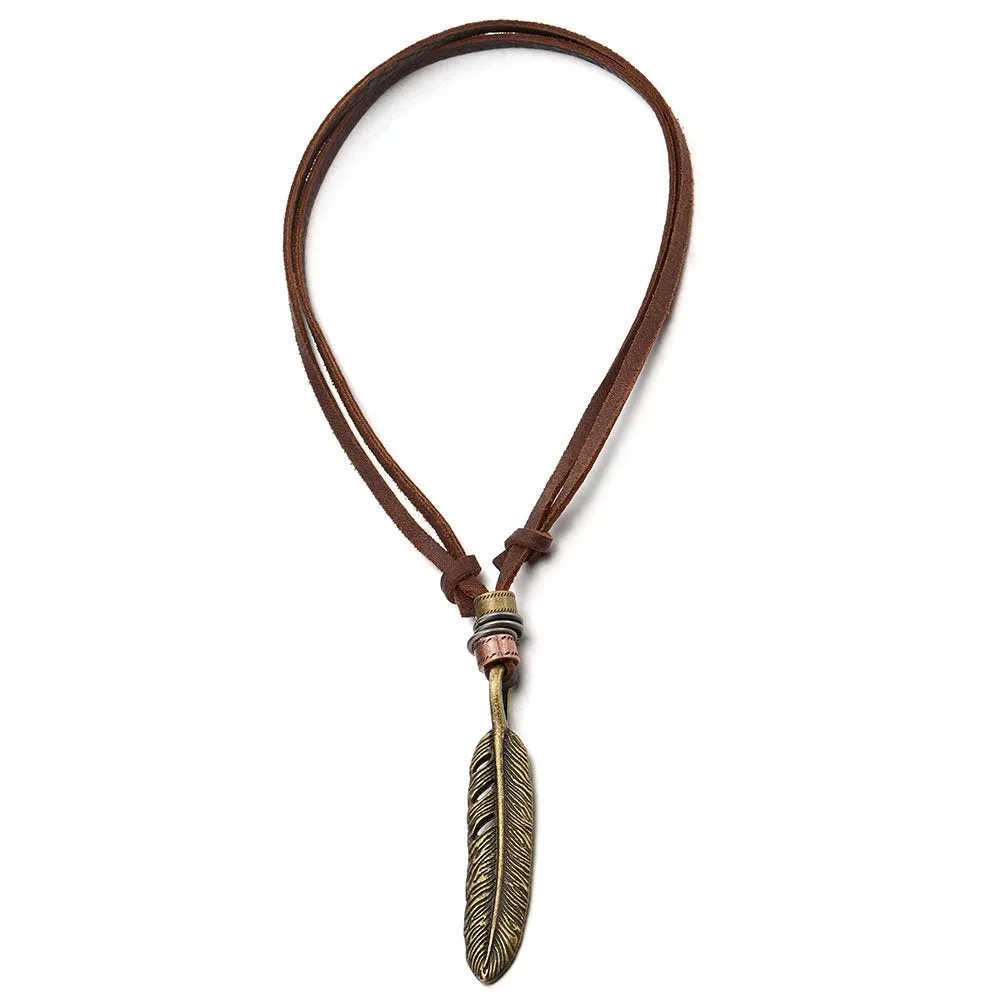 COOLSTEELANDBEYOND Retro Style Feather Pendant Unisex Necklace for Mens Womens with Adjustable Leather Cord