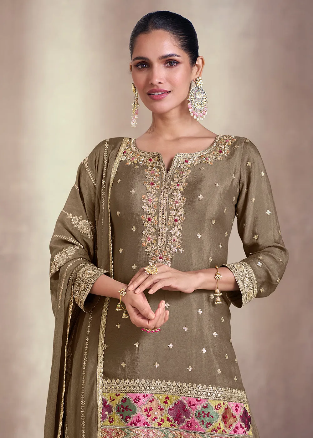 Copper Brown Embroidered Festive Sharara Style Suit