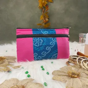 Cotton Multizip Purse Pink with Blue Bandhani Design