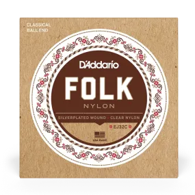 D'Addario EJ32C Folk Nylon Ball End Classical Strings Silver Wound/Clear Nylon