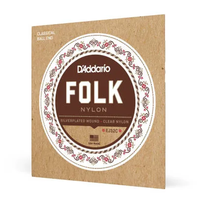 D'Addario EJ32C Folk Nylon Ball End Classical Strings Silver Wound/Clear Nylon