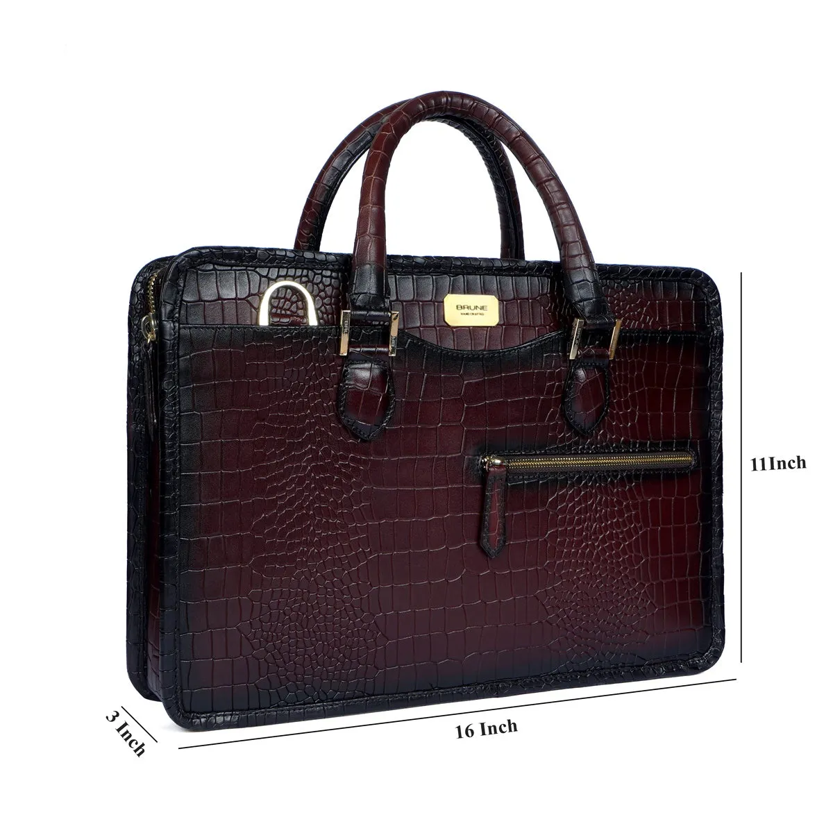 Dark Brown Croco Burnished Leather Laptop Briefcase By Brune & Bareskin