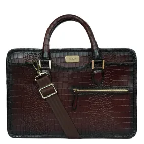 Dark Brown Croco Burnished Leather Laptop Briefcase By Brune & Bareskin