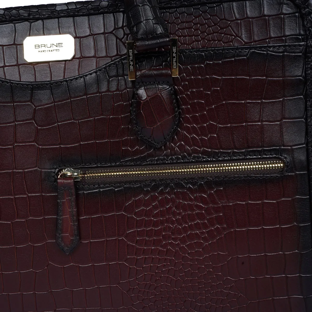 Dark Brown Croco Burnished Leather Laptop Briefcase By Brune & Bareskin