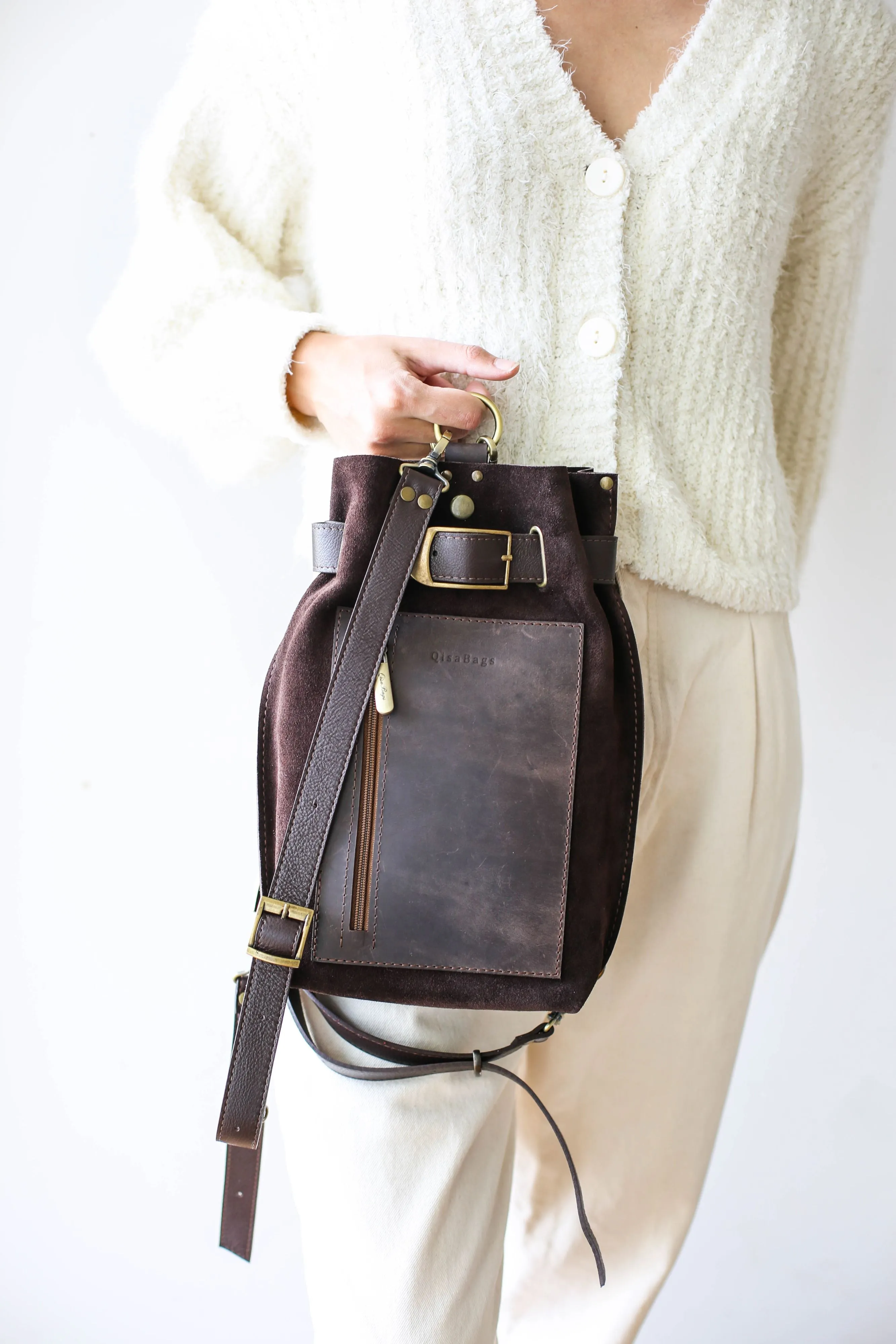 Dark Brown Suede Sling Backpack