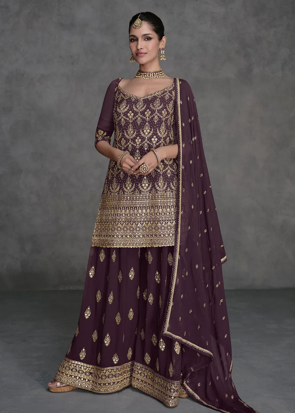 Dark Purple Designer Style Wedding Wear Sharara Suit