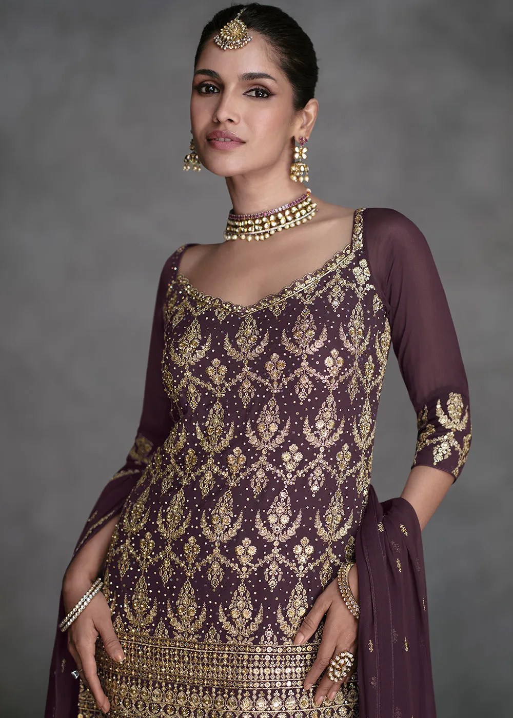 Dark Purple Designer Style Wedding Wear Sharara Suit