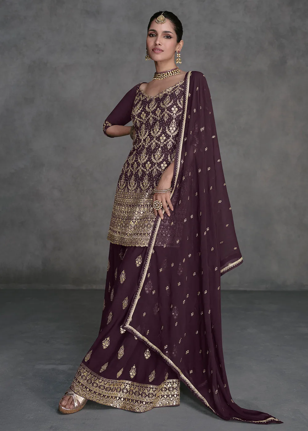 Dark Purple Designer Style Wedding Wear Sharara Suit