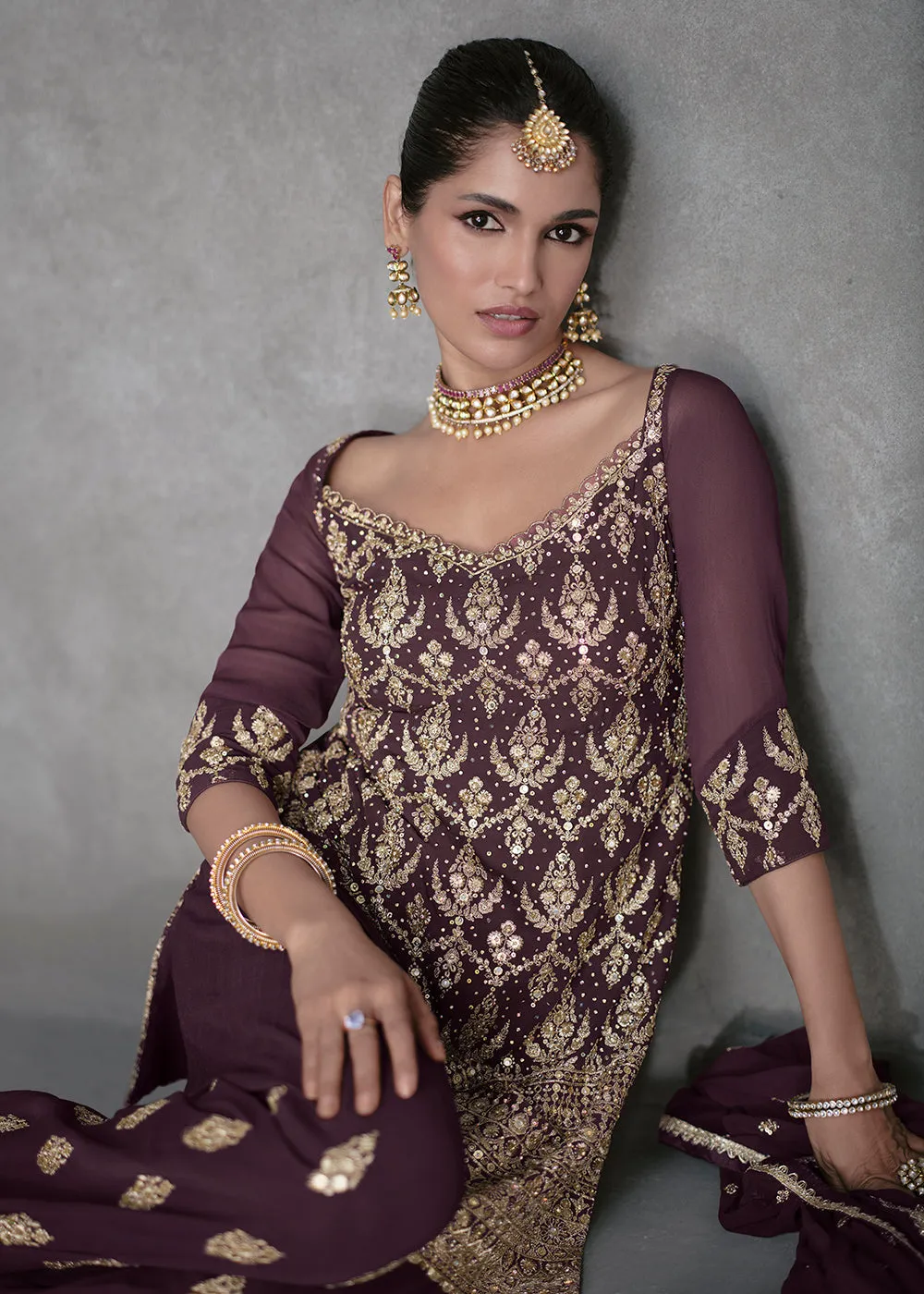 Dark Purple Designer Style Wedding Wear Sharara Suit