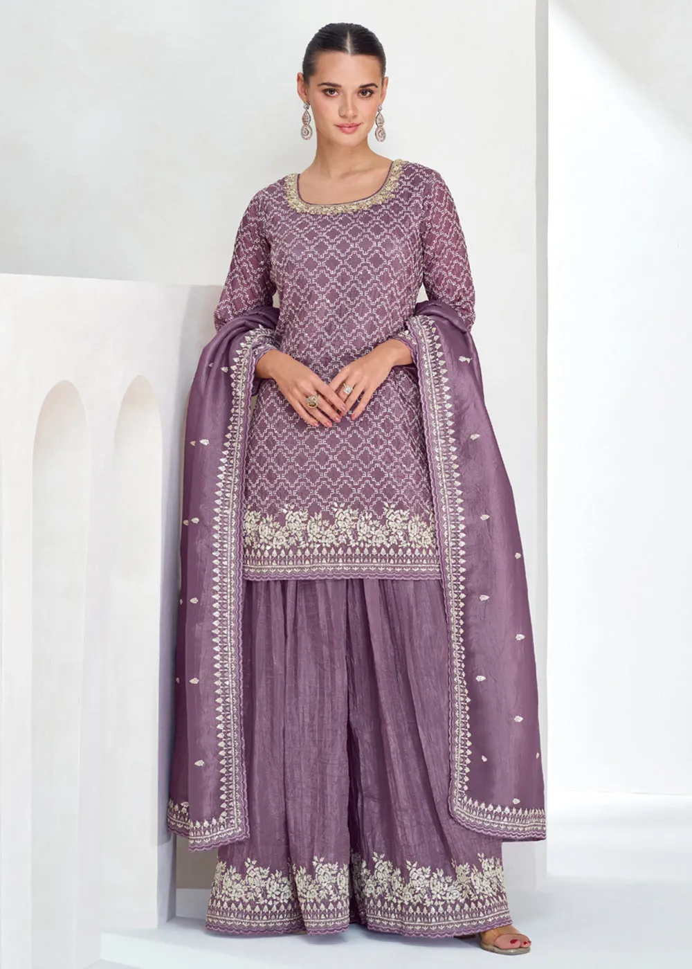 Designer Mauve Embroidered Festive Sharara Suit