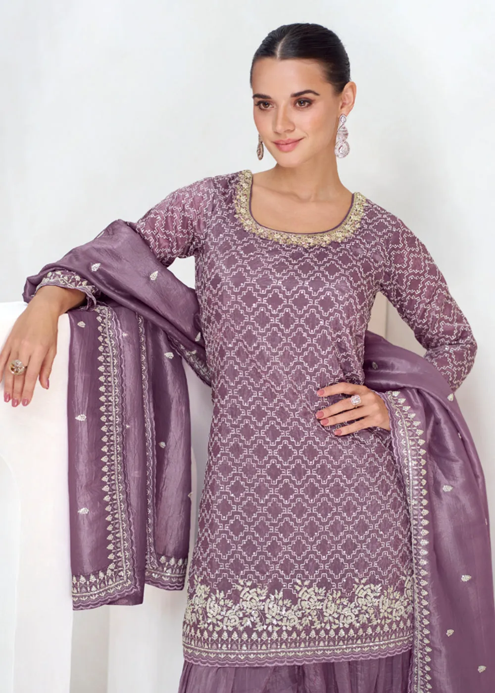 Designer Mauve Embroidered Festive Sharara Suit