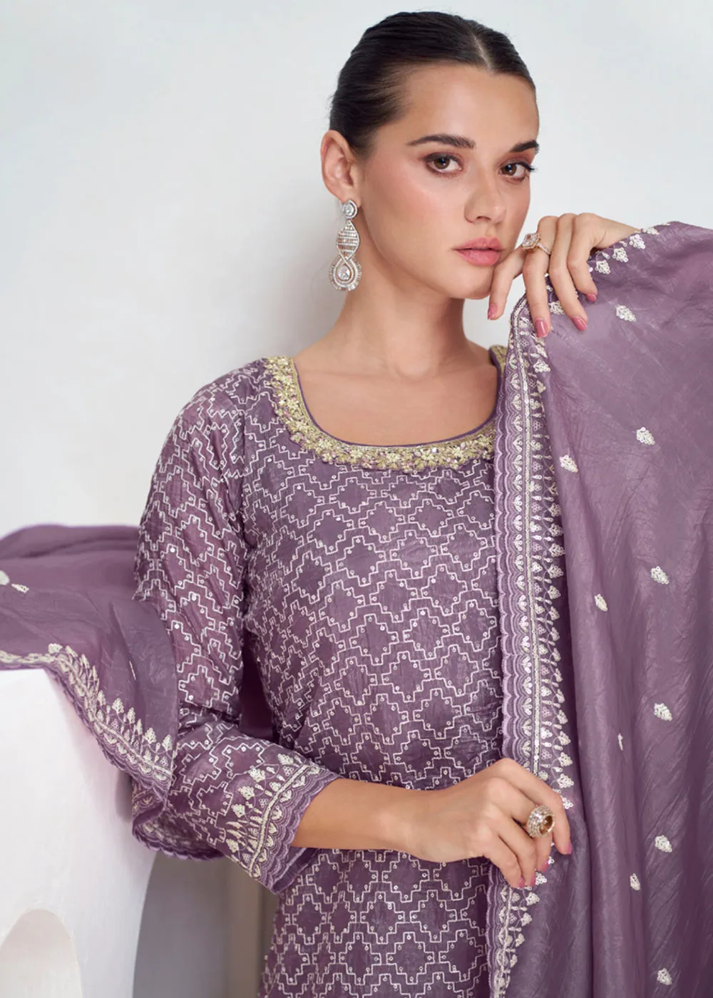 Designer Mauve Embroidered Festive Sharara Suit