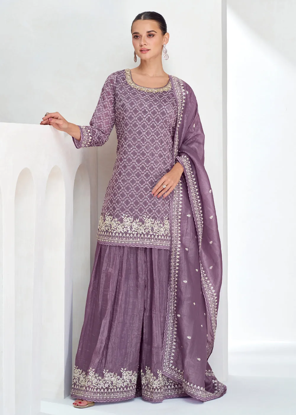 Designer Mauve Embroidered Festive Sharara Suit