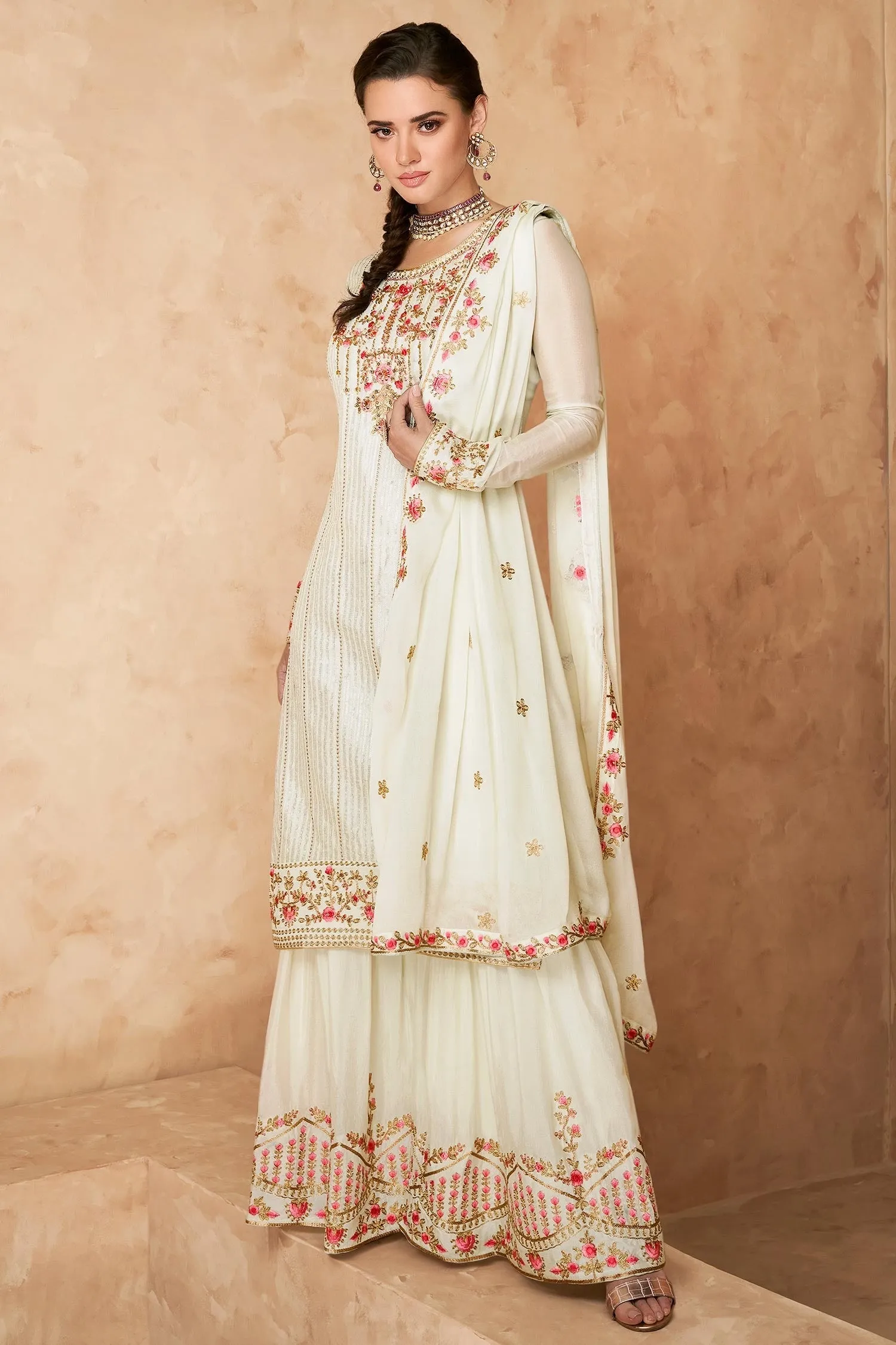 Designer Off White Georgette Embroidered Sharara Outfit