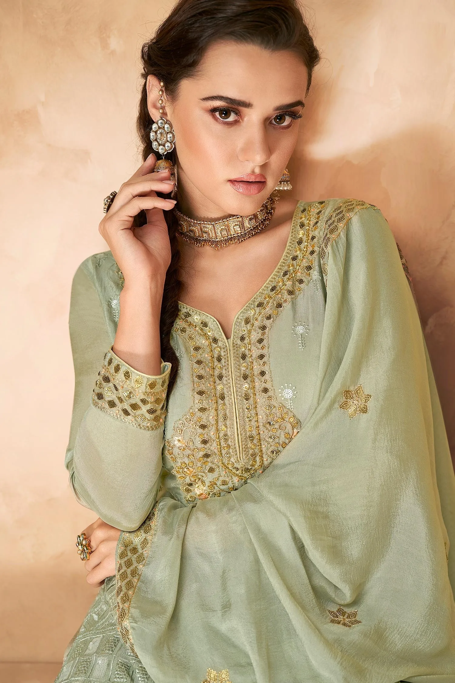 Designer Pistachio Green Georgette Embroidered Sharara Outfit