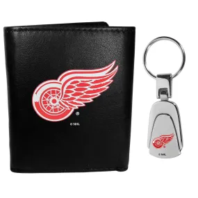 Detroit Red Wings Leather Tri-fold Wallet & Steel Key Chain