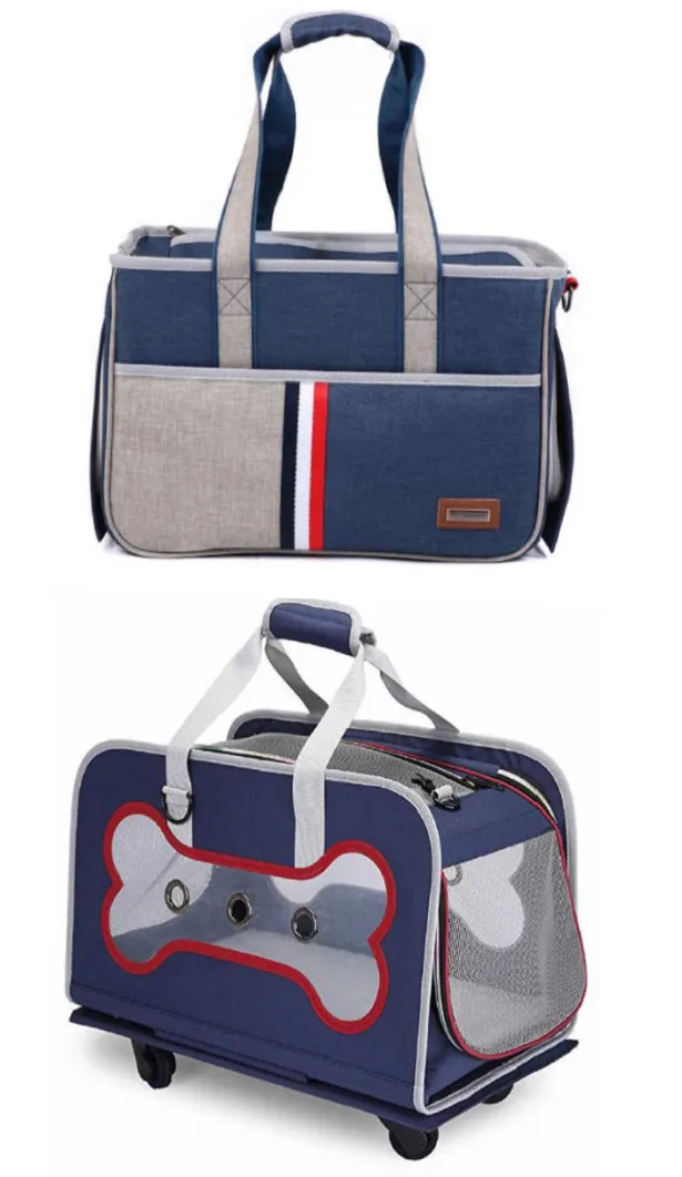 Dutchies Dog Carrier small breed 2 Styles Blue Canvas Dutch Colours Accent Trim & Dog Bone on Wheels