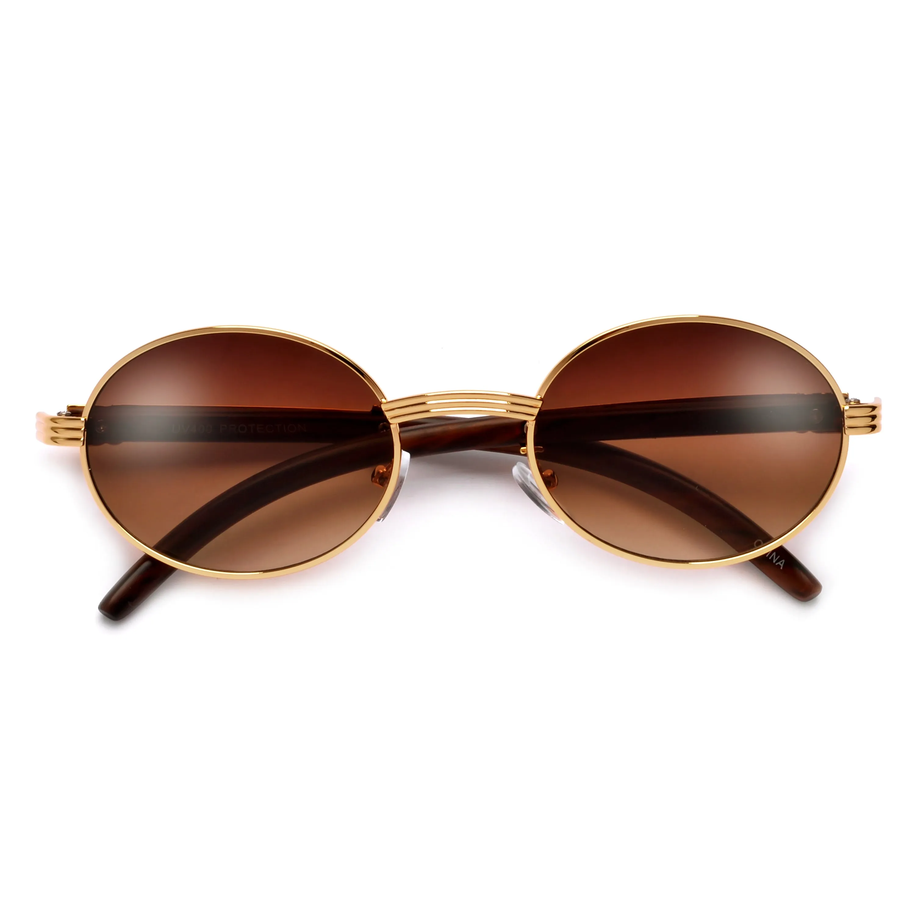 Elaborate Metal Temple Wood Print Round Colorful Sunnies