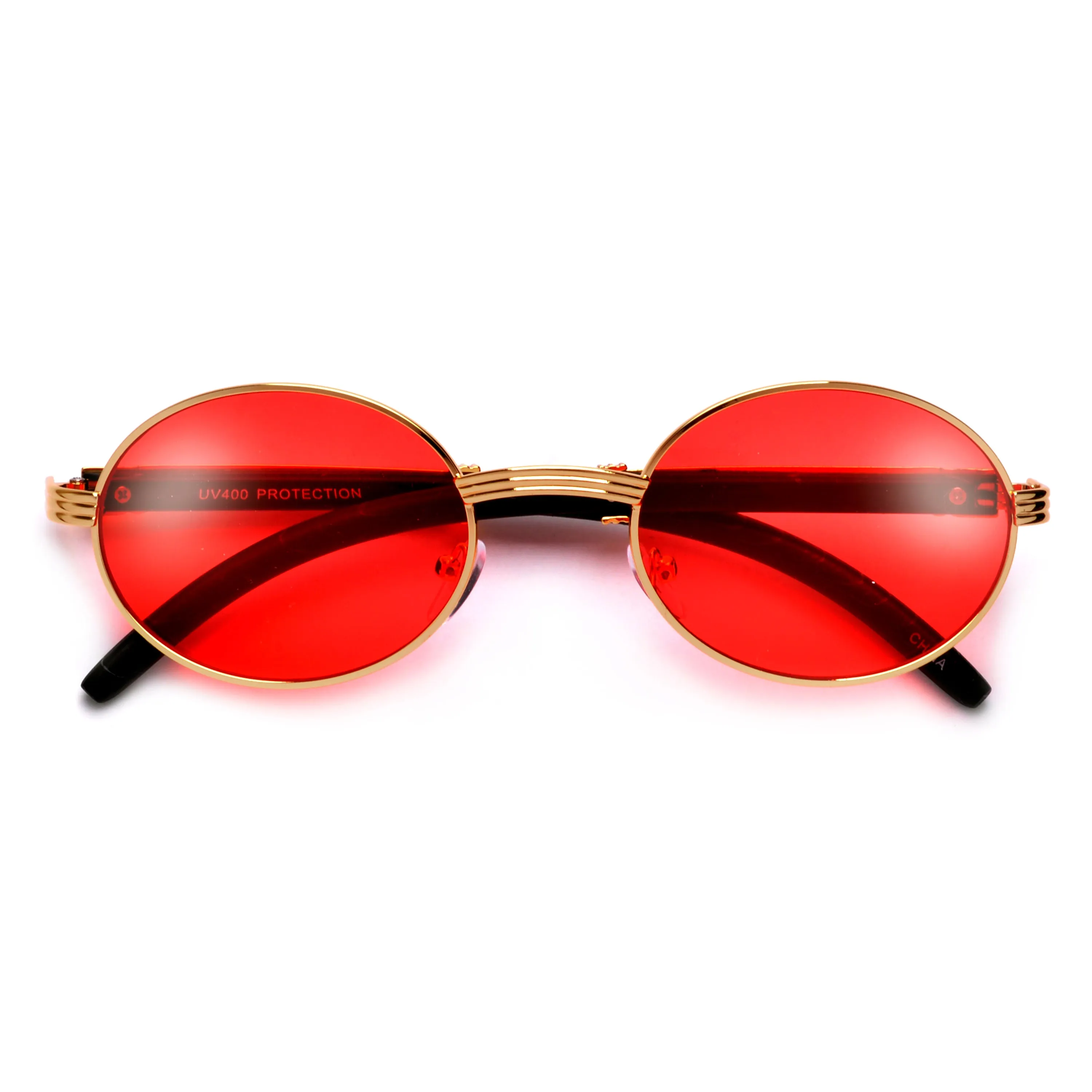 Elaborate Metal Temple Wood Print Round Colorful Sunnies