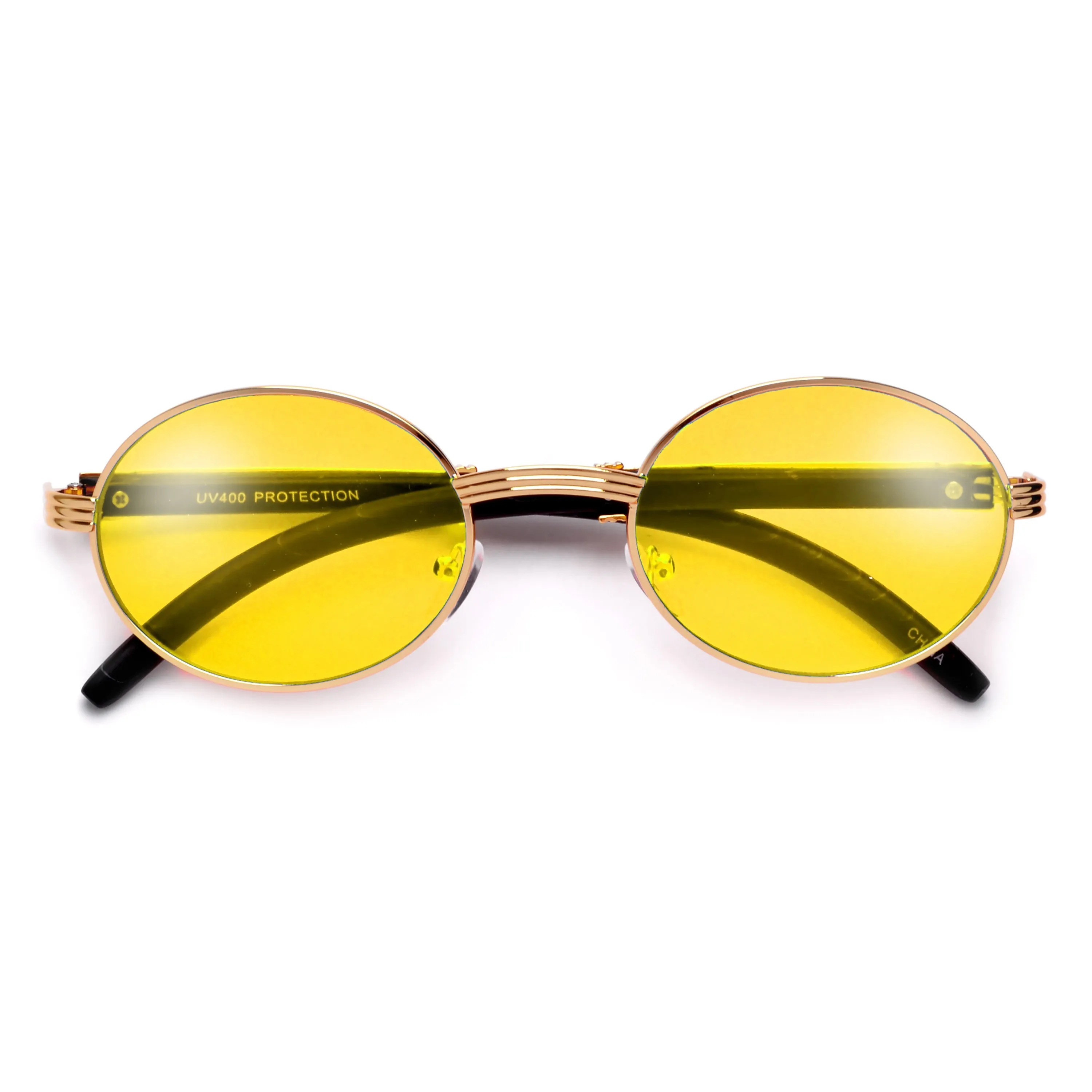 Elaborate Metal Temple Wood Print Round Colorful Sunnies