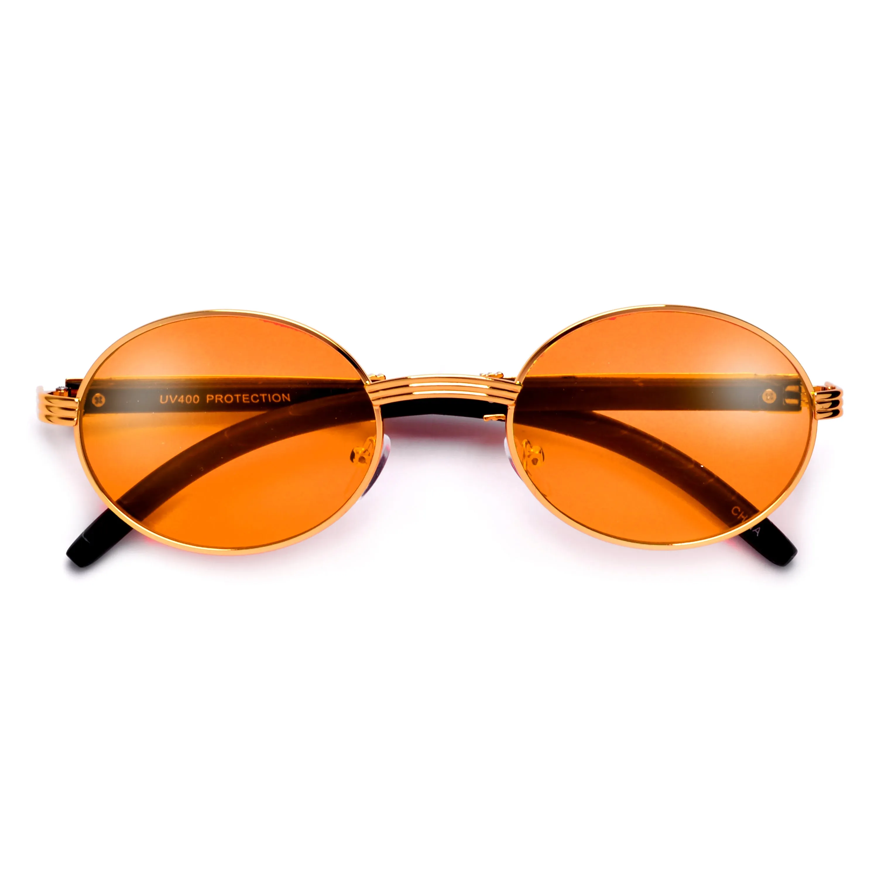 Elaborate Metal Temple Wood Print Round Colorful Sunnies