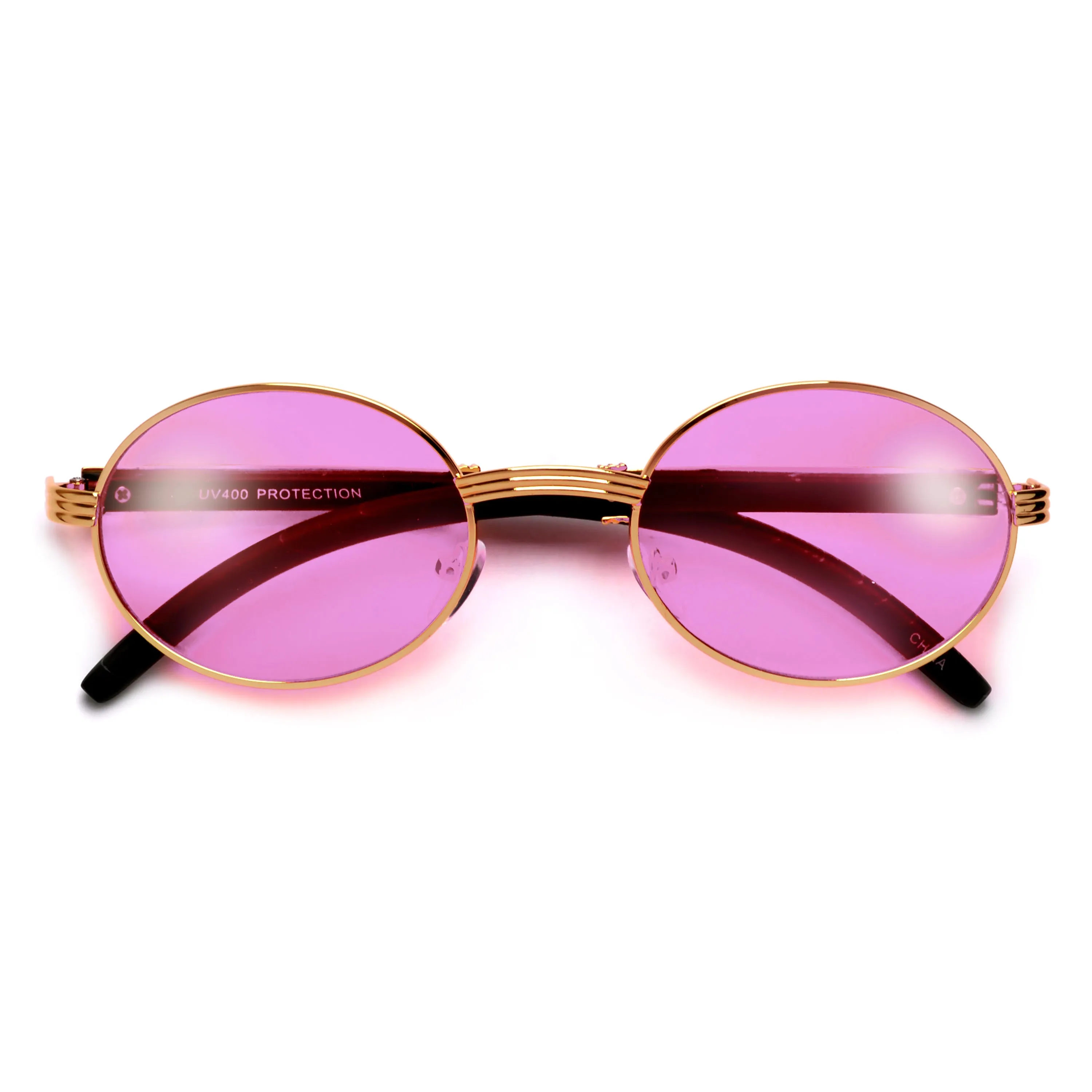 Elaborate Metal Temple Wood Print Round Colorful Sunnies