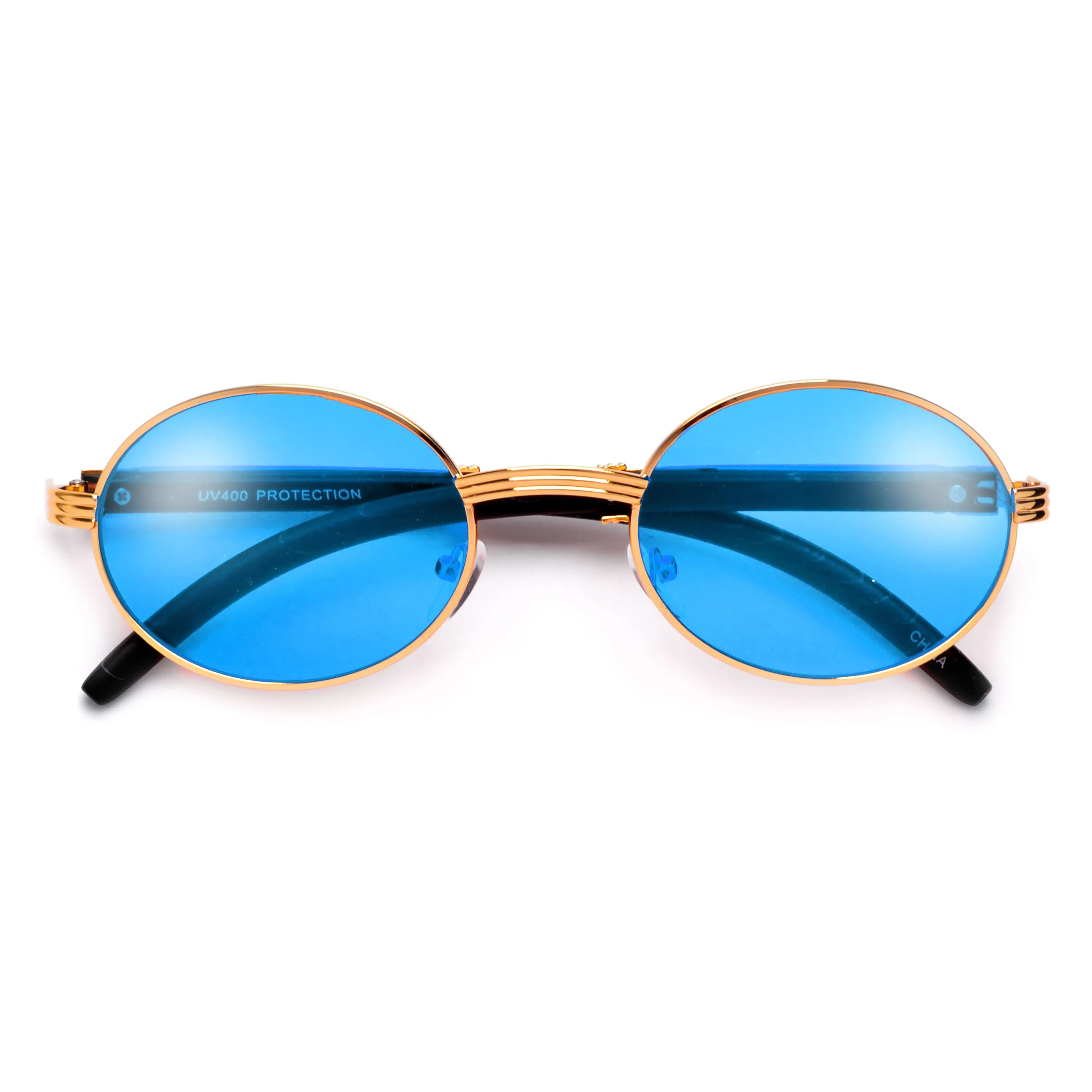 Elaborate Metal Temple Wood Print Round Colorful Sunnies