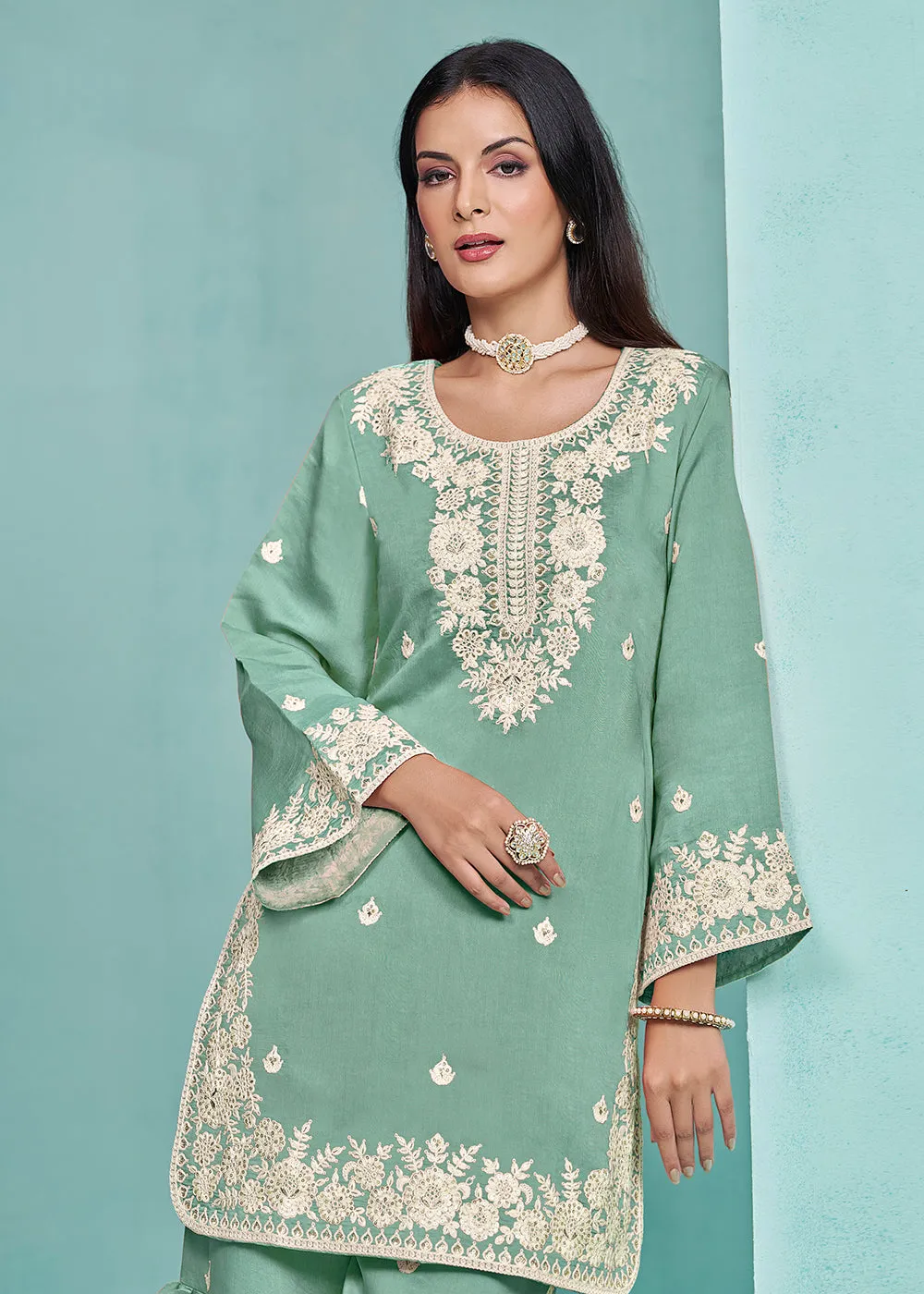 Elegant Aqua Designer Style Silk Gharara Style Suit