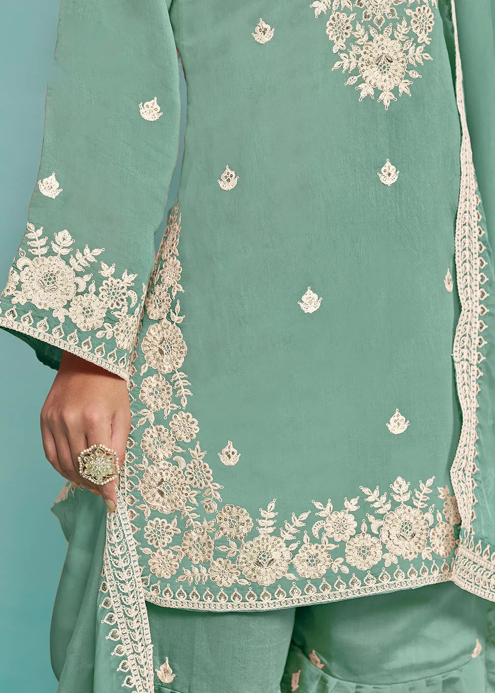 Elegant Aqua Designer Style Silk Gharara Style Suit