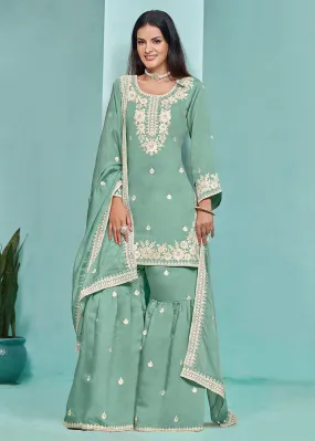 Elegant Aqua Designer Style Silk Gharara Style Suit