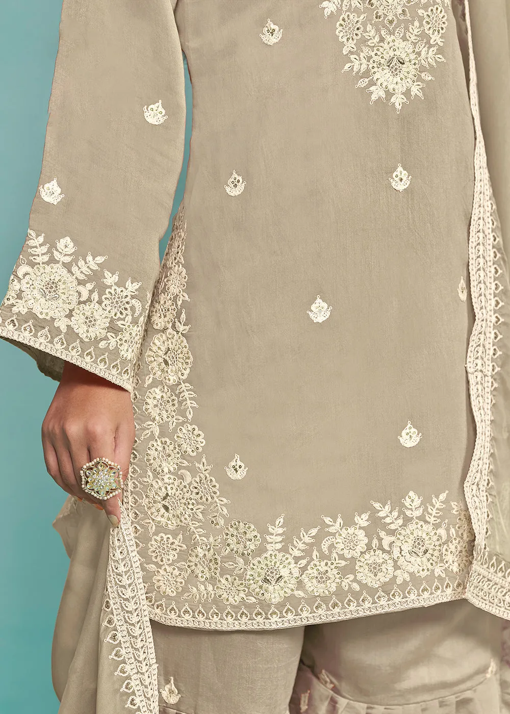 Elegant Beige Designer Style Silk Gharara Style Suit