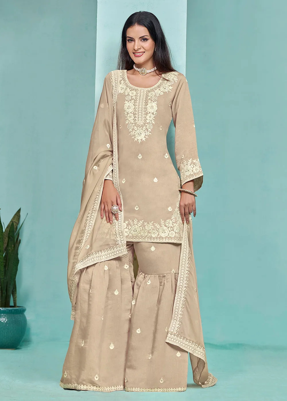 Elegant Beige Designer Style Silk Gharara Style Suit