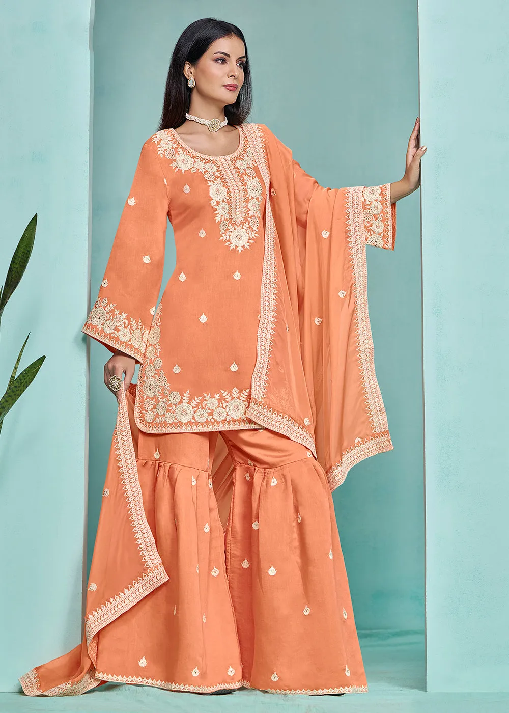 Elegant Orange Designer Style Silk Gharara Style Suit