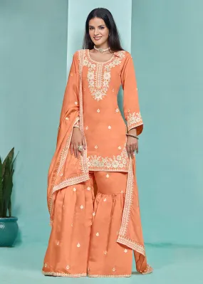 Elegant Orange Designer Style Silk Gharara Style Suit