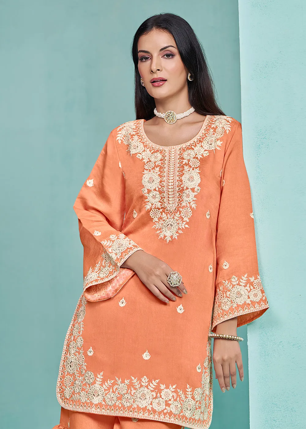 Elegant Orange Designer Style Silk Gharara Style Suit