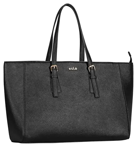 eske Myriane Vegan Leather Women's Tote Bag with Padded Laptop Compartment (Black Saffiano)