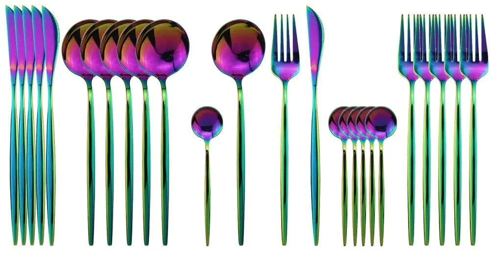 Flatware Set 24 Piece, Stainless Steel With Titanium Colorful Plated, Rainbow Color Cutlery Set Service For 6