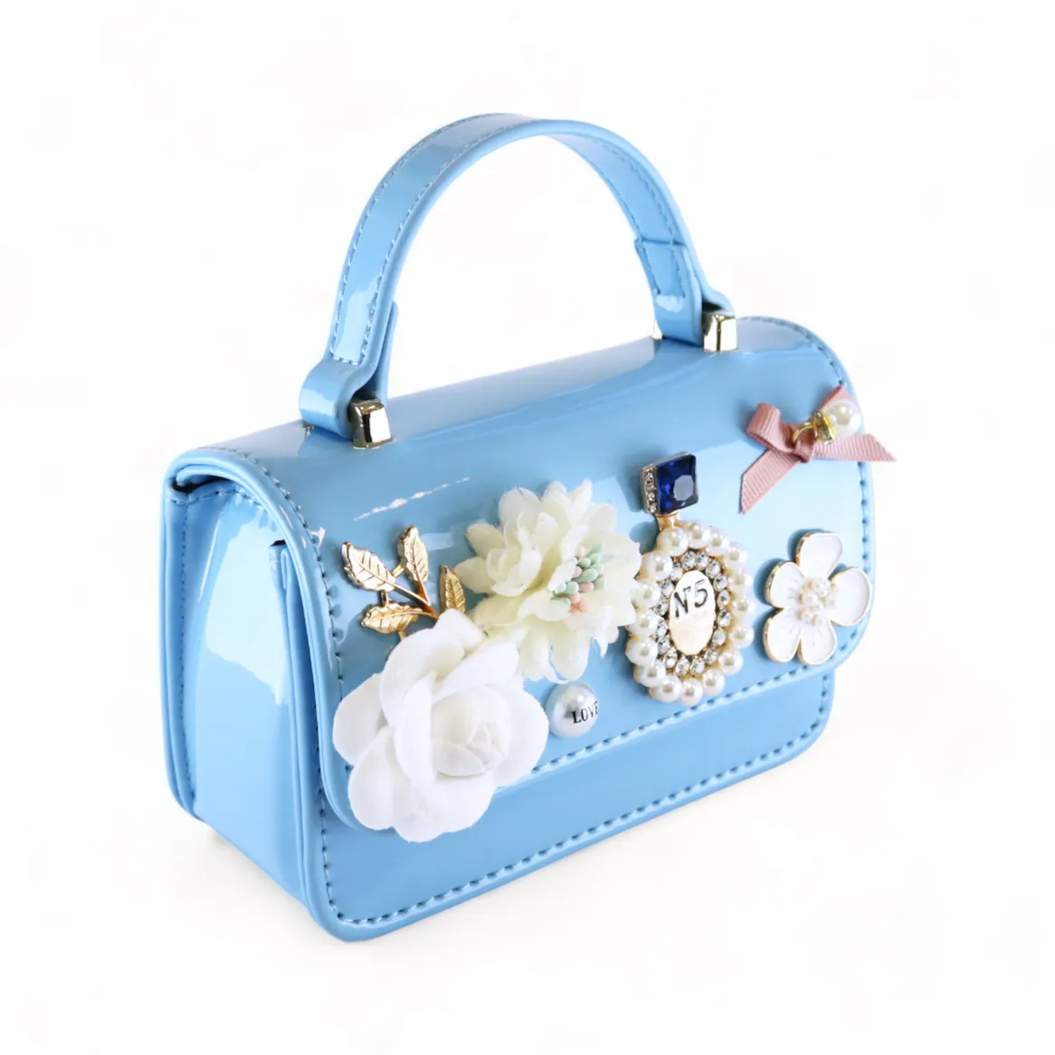 Floral & Charms Patent Leather Purse - Blue