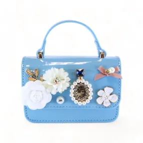 Floral & Charms Patent Leather Purse - Blue