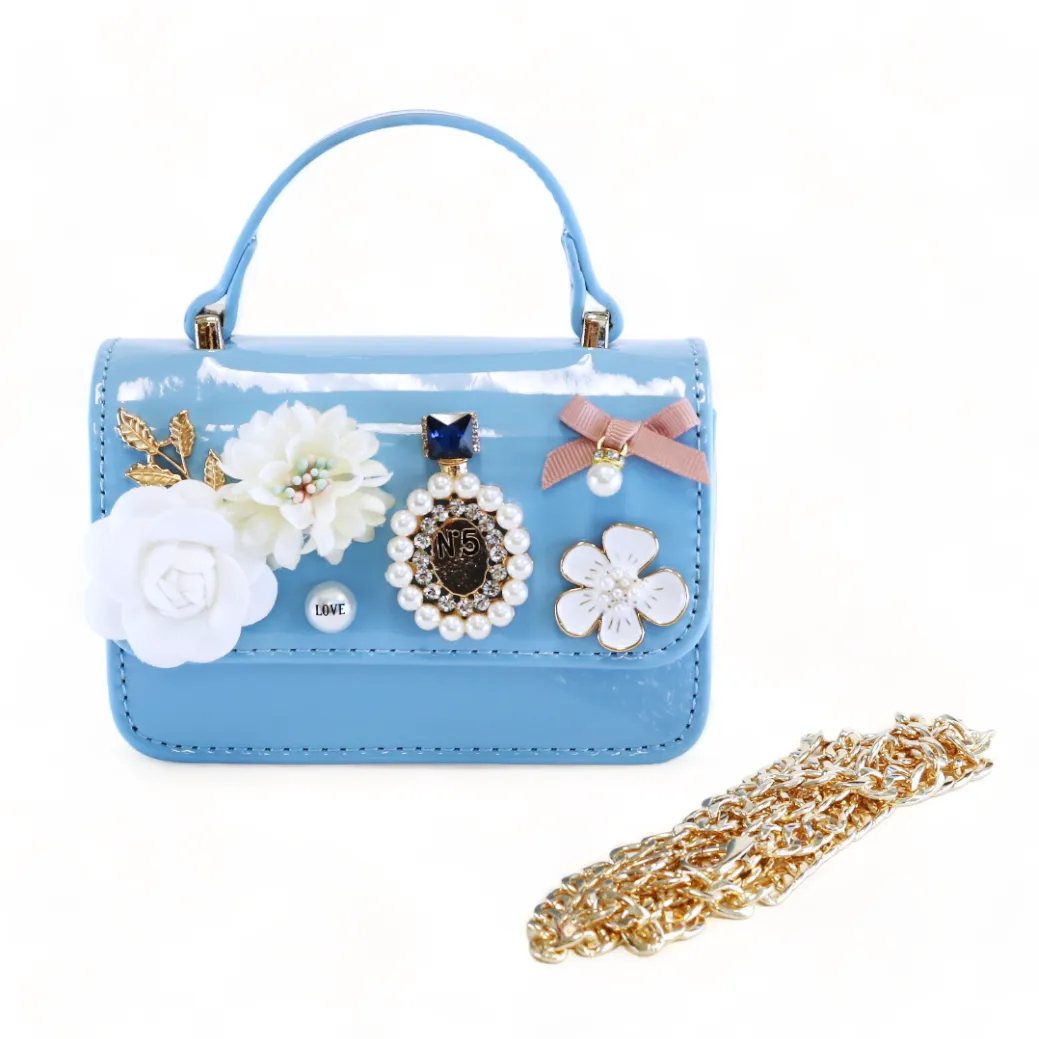 Floral & Charms Patent Leather Purse - Blue