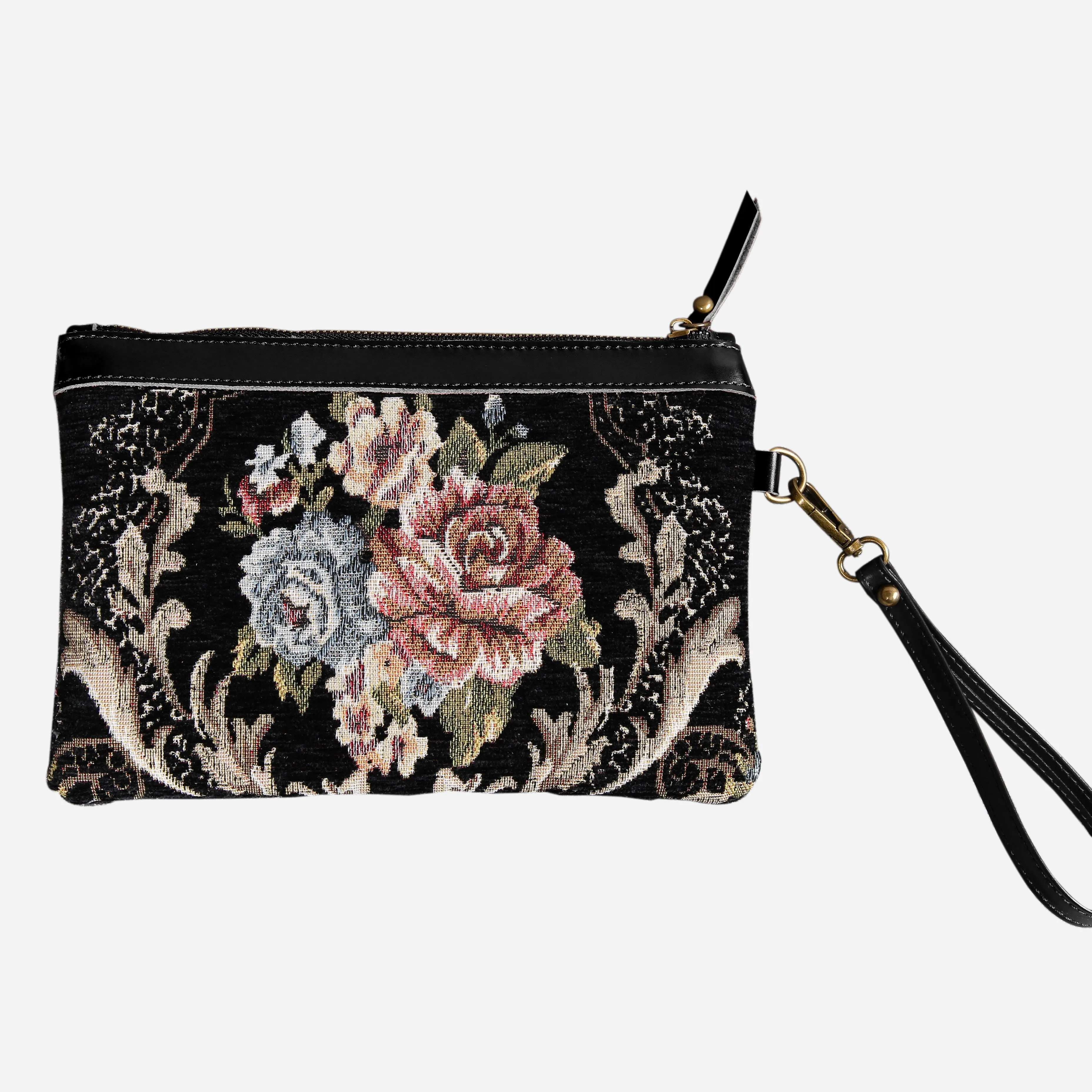 Floral Black Leather Black Wristlet Clutch