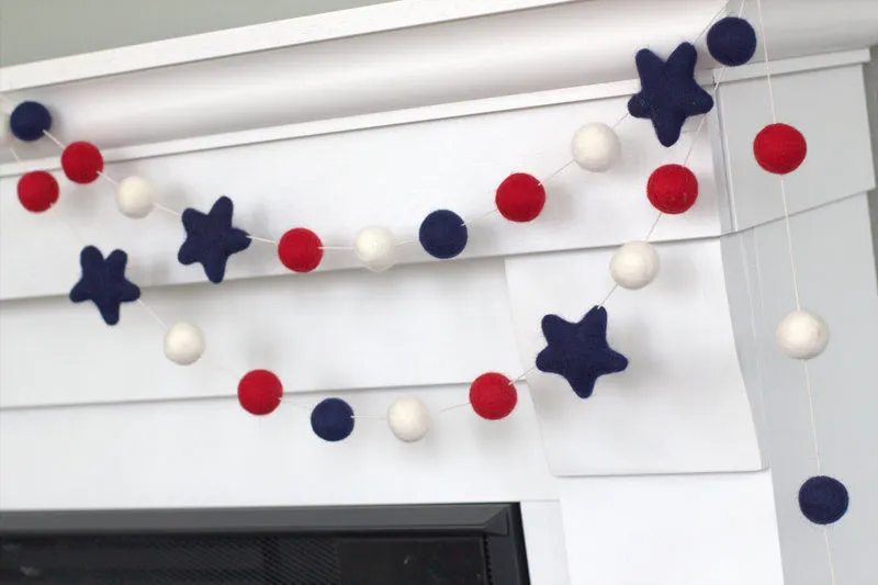 Fourth of July Felt Ball & Star Garland- Red, White, Navy