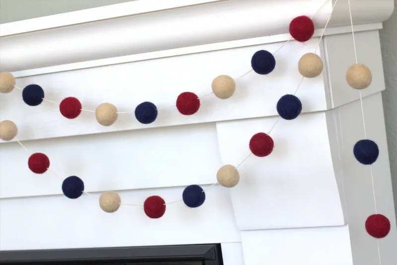 Fourth of July Felt Ball Garland- Burgundy, Navy, Almond