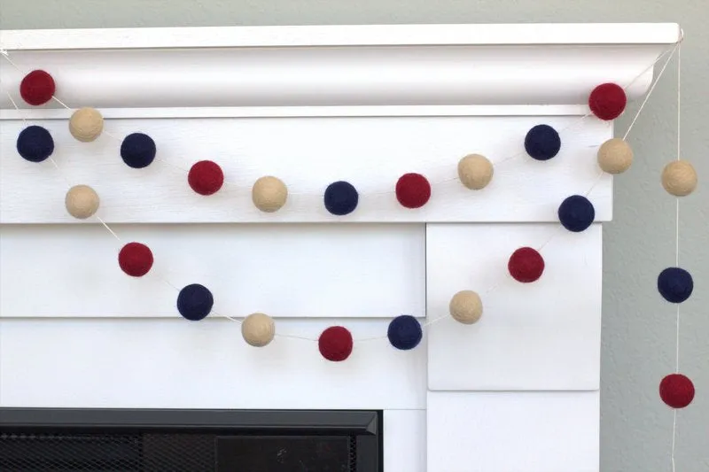 Fourth of July Felt Ball Garland- Burgundy, Navy, Almond